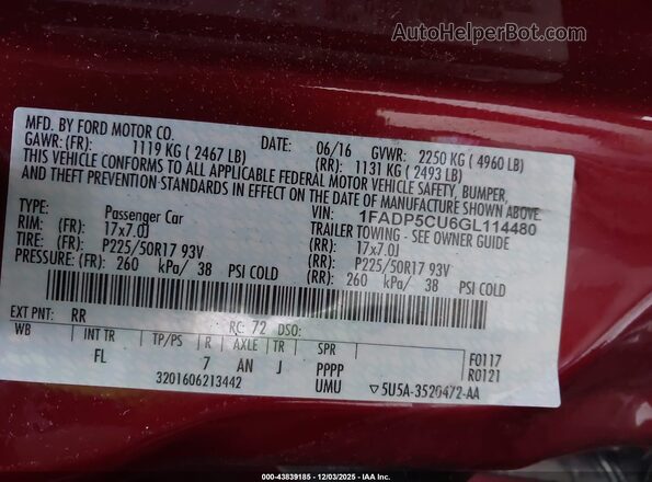 1FADP5CU6GL114480 2016 FORD C-MAX ENERGI Red Widok komory silnika