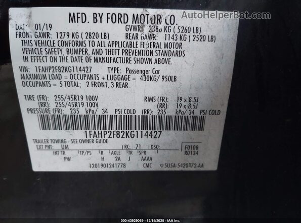 1FAHP2F82KG114427 2019 FORD TAURUS Black Vista del compartimento del motor