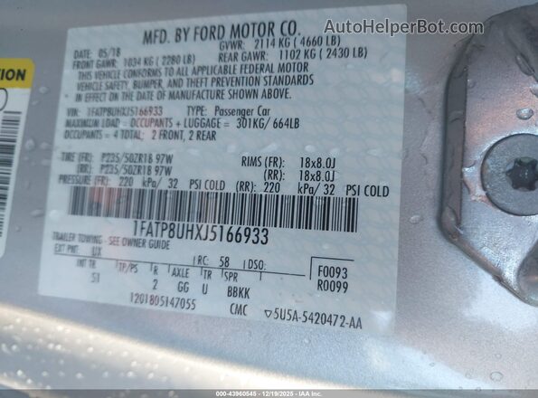 1FATP8UHXJ5166933 2018 FORD MUSTANG Серый Вид подкапотного пространства