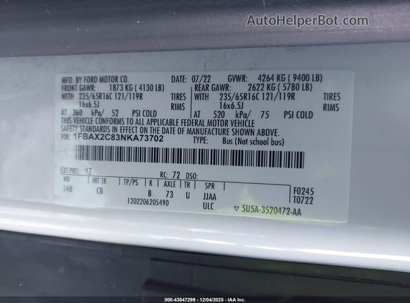 1FBAX2C83NKA73702 2022 FORD PASSENGER White Շարժիչի բաժամունքի տեսք