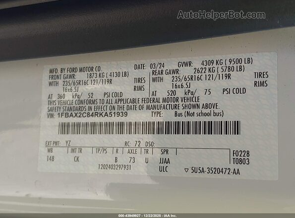 1FBAX2C84RKA51939 2024 FORD PASSENGER White Widok komory silnika