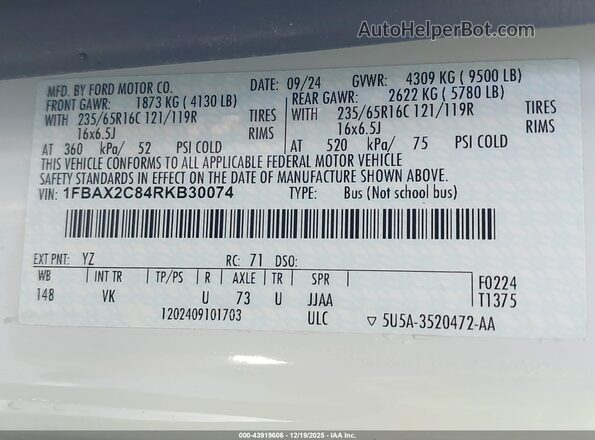 1FBAX2C84RKB30074 2024 FORD PASSENGER White Widok komory silnika