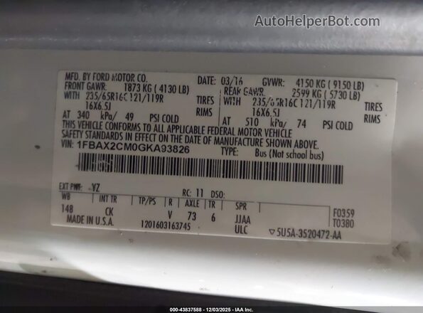 1FBAX2CM0GKA93826 2016 FORD TRANSIT-350 White Widok komory silnika