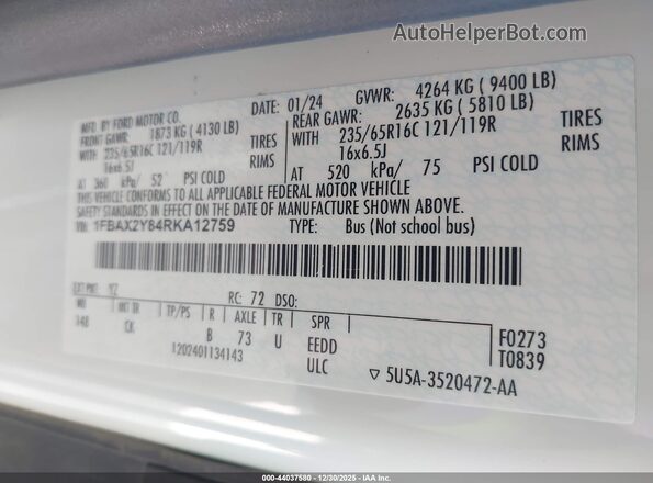 1FBAX2Y84RKA12759 2024 FORD PASSENGER White Вид підкапотного простору