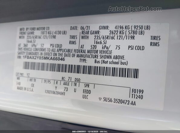 1FBAX2Y85MKA66046 2021 FORD PASSENGER White Вид підкапотного простору