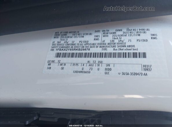1FBAX2Y85RKB29878 2024 FORD PASSENGER White VIN კოდის სტიკერის ხედი
