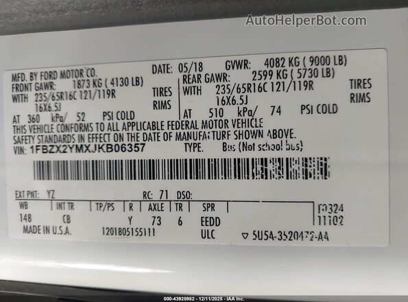 1FBZX2YMXJKB06357 2018 FORD TRANSIT-350 White Widok komory silnika