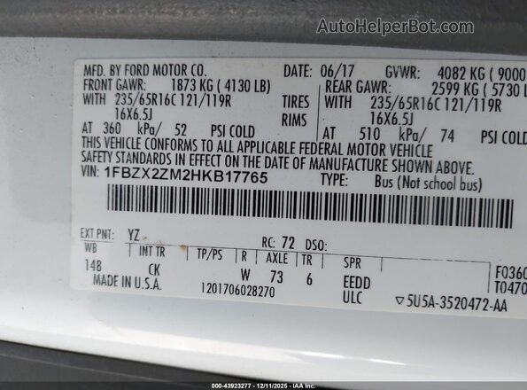 1FBZX2ZM2HKB17765 2017 FORD TRANSIT-350 Белый Вид подкапотного пространства