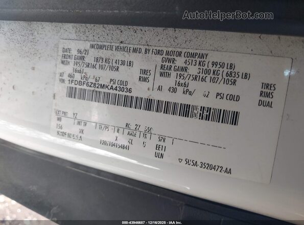 1FDBF6Z82MKA43036 2021 FORD TRANSIT-350 White VIN კოდის სტიკერის ხედი