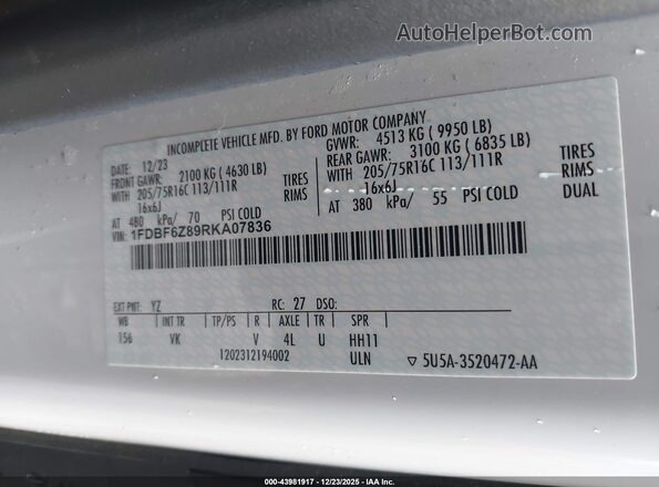 1FDBF6Z89RKA07836 2024 FORD TRANSIT-350 Белый Вид наклейки с VIN-кодом