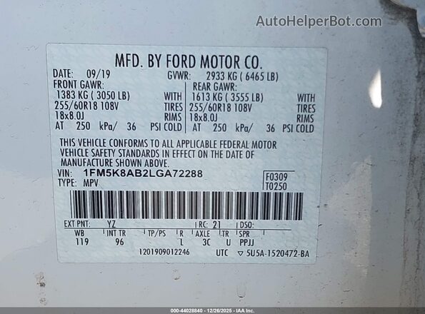 1FM5K8AB2LGA72288 2020 FORD POLICE INTERCEPTOR White Engine compartment view