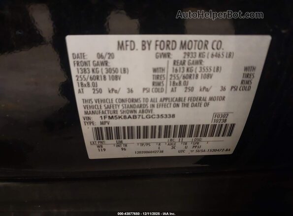 1FM5K8AB7LGC35338 2020 FORD POLICE INTERCEPTOR Черный Вид подкапотного пространства