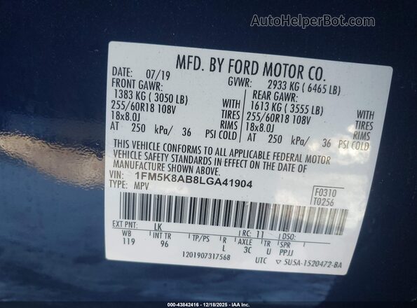 1FM5K8AB8LGA41904 2020 FORD POLICE INTERCEPTOR Blue Vista del compartimento del motor
