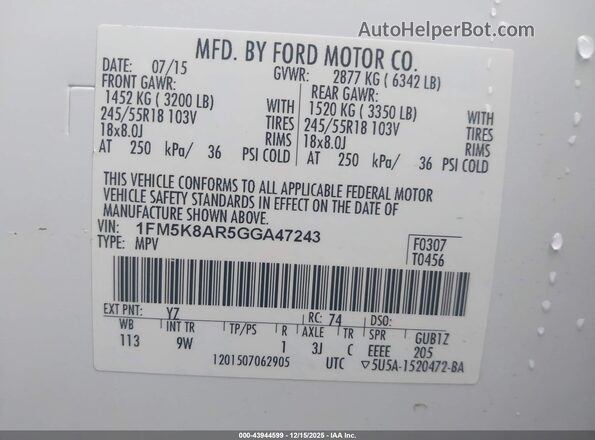 1FM5K8AR5GGA47243 2016 FORD UTILITY POLICE INTERCEPTOR White Շարժիչի բաժամունքի տեսք