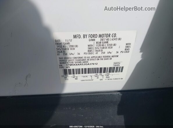 1FM5K8AR5JGA37612 2018 FORD EXPLORER Белый Вид подкапотного пространства