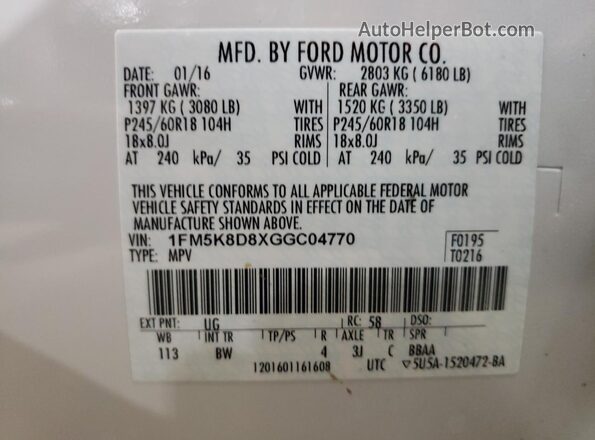 1FM5K8D8XGGC04770 2016 FORD FORD EXPLORER Белый Панорамный вид салона 360°