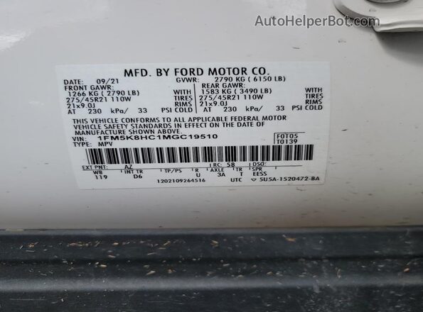1FM5K8HC1MGC19510 2021 FORD FORD EXPLORER White Вид наклейки з VIN-кодом