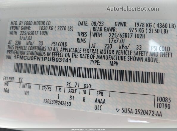 1FMCU0FN1PUB03141 2023 FORD ESCAPE Белый Вид подкапотного пространства