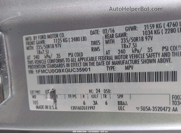 1FMCU0G9XGUC35901 2016 FORD ESCAPE Серебряный Вид подкапотного пространства