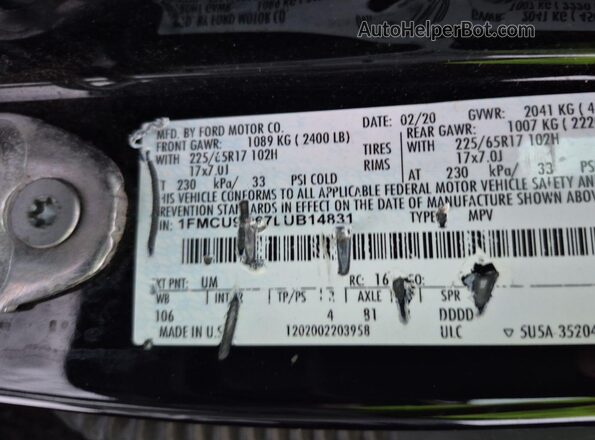 1FMCU9G67LUB14831 2020 FORD ESCAPE  VIN კოდის სტიკერის ხედი