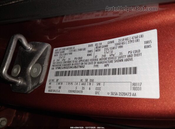 1FMCU9GD3KUB27802 2019 FORD ESCAPE Orange Widok komory silnika