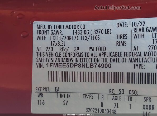 1FMEE5DP8NLB74900 2022 FORD BRONCO Красный Вид подкапотного пространства