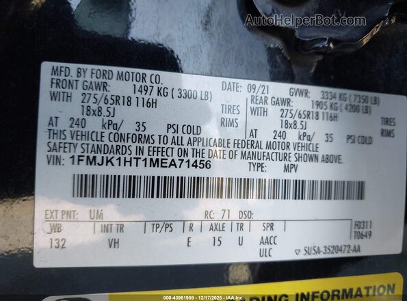 1FMJK1HT1MEA71456 2021 FORD EXPEDITION Черный Вид подкапотного пространства