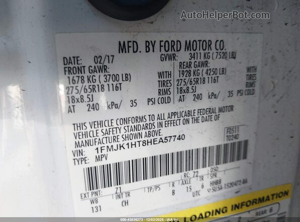 1FMJK1HT8HEA57740 2017 FORD EXPEDITION EL Белый Вид подкапотного пространства
