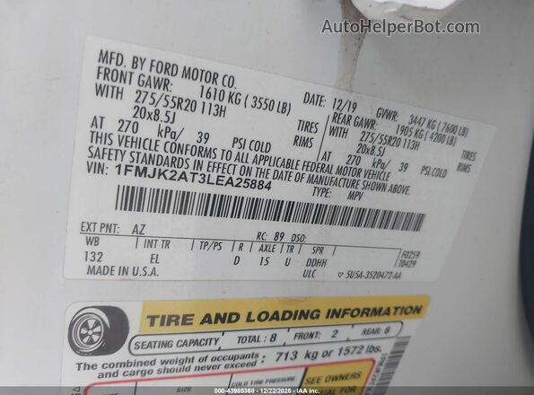 1FMJK2AT3LEA25884 2020 FORD EXPEDITION White Vista del compartimento del motor