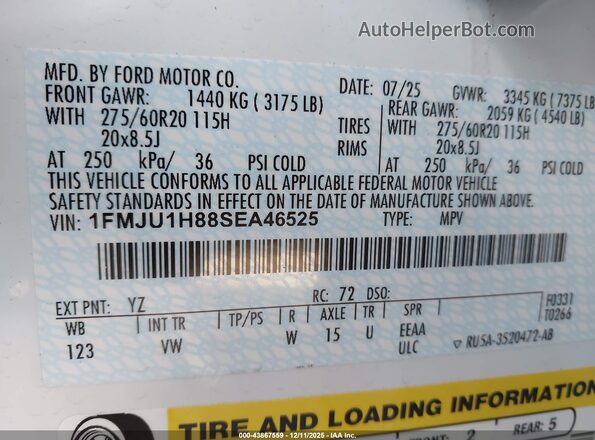 1FMJU1H88SEA46525 2025 FORD EXPEDITION Белый Вид подкапотного пространства