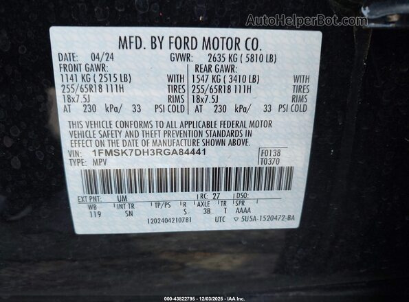 1FMSK7DH3RGA84441 2024 FORD FORD EXPLORER Black Widok komory silnika