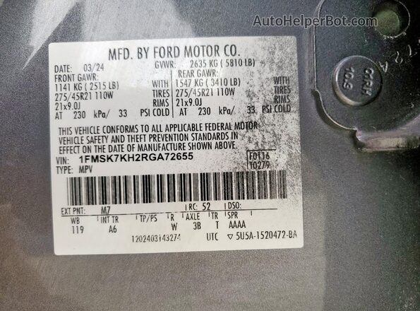 1FMSK7KH2RGA72655 2024 FORD FORD EXPLORER Gray Vista de la etiqueta del VIN