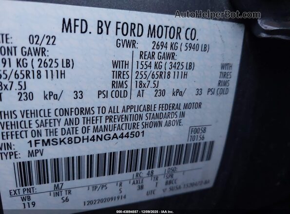 1FMSK8DH4NGA44501 2022 FORD FORD EXPLORER Gray Vista del compartimento del motor