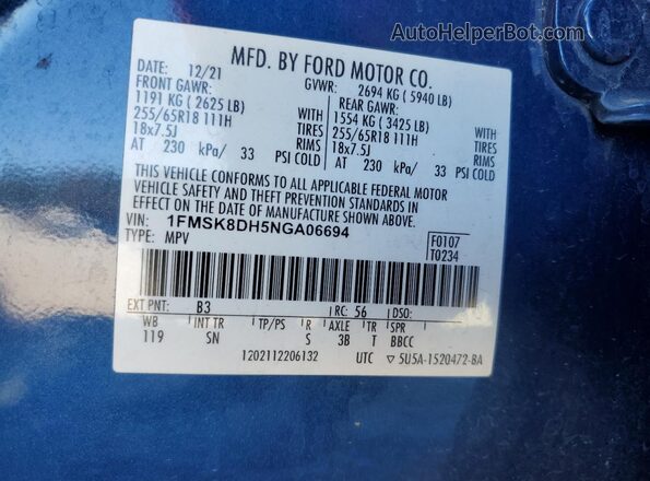 1FMSK8DH5NGA06694 2022 FORD FORD EXPLORER Blue Widok naklejki z numerem VIN