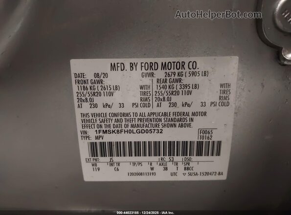 1FMSK8FH0LGD05732 2020 FORD FORD EXPLORER Серебряный Вид подкапотного пространства