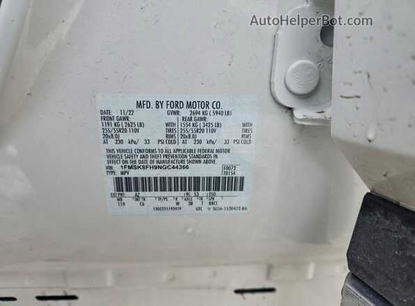 1FMSK8FH9NGC44366 2022 FORD FORD EXPLORER White Widok naklejki z numerem VIN