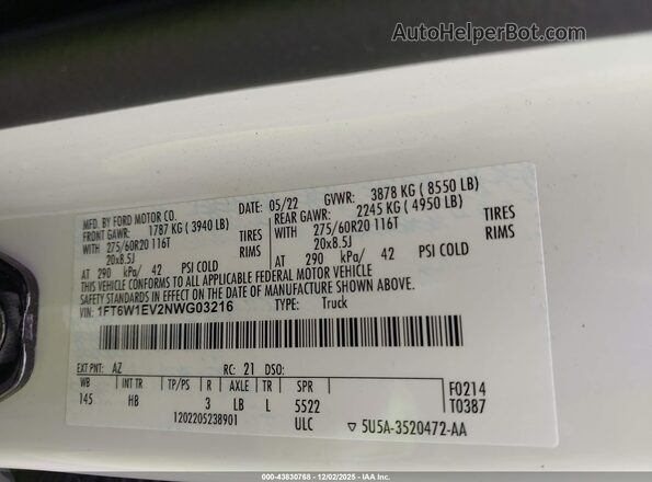 1FT6W1EV2NWG03216 2022 FORD F-150 LIGHTNING Белый Вид подкапотного пространства