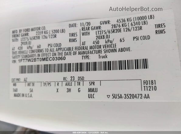1FT7W2BT0MEC03060 2021 FORD F-250 White Widok komory silnika