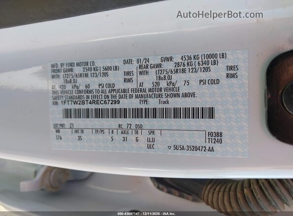 1FT7W2BT4REC67299 2024 FORD F-250 Белый Задняя правая четверть