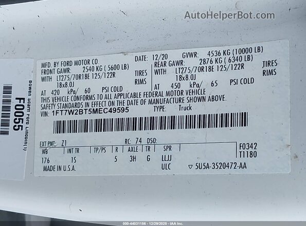 1FT7W2BT5MEC49595 2021 FORD F-250 White ძრავის განყოფილების ხედი