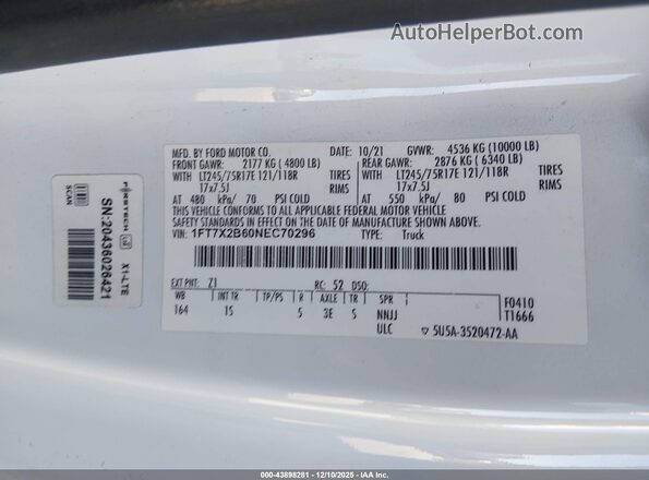 1FT7X2B60NEC70296 2022 FORD F-250 White Widok komory silnika