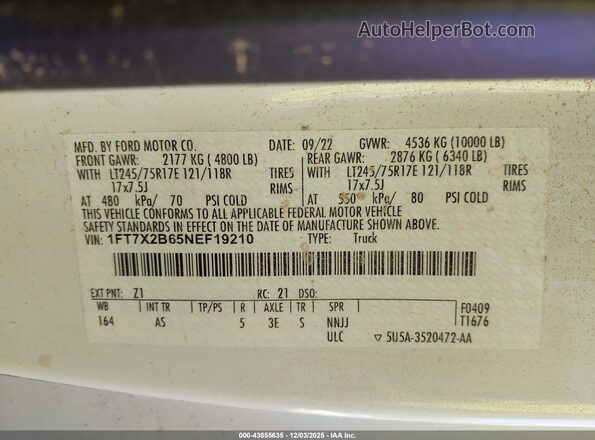 1FT7X2B65NEF19210 2022 FORD F-250 White Widok komory silnika