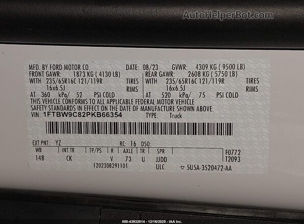 1FTBW9C82PKB66354 2023 FORD TRANSIT-350 Белый Вид наклейки с VIN-кодом