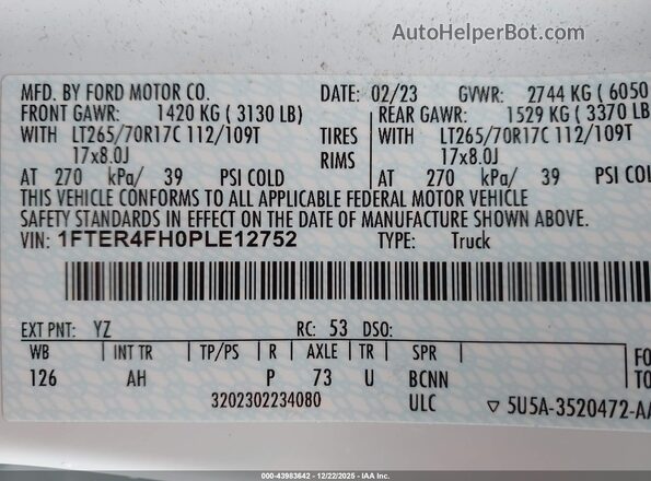 1FTER4FH0PLE12752 2023 FORD RANG White Widok komory silnika
