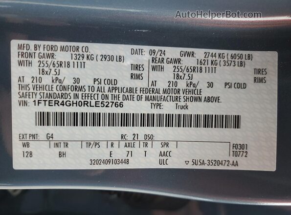 1FTER4GH0RLE52766 2024 FORD RANG Blue Vista de la etiqueta del VIN