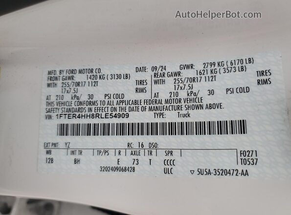 1FTER4HH8RLE54909 2024 FORD RANG White Vista del compartimento del motor