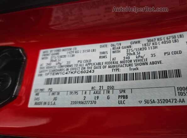 1FTEW1C47KFC60243 2019 FORD F150  