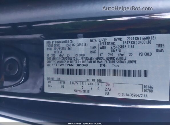1FTEW1EP6NFB81349 2022 FORD F150 Черный Вид подкапотного пространства