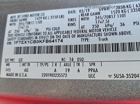1FTEX1CB0KFB64174 2019 FORD F150  Вид задней части салона