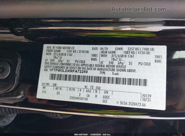 1FTFW3LDXRFA72259 2024 FORD F150 Черный Вид подкапотного пространства